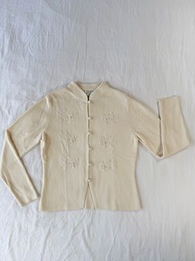 Petite Sophisticate Cream Embroidered Button-Front Cardigan